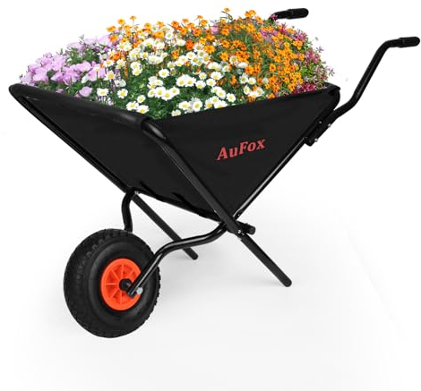 AuFox Zusammenklappbare Schubkarre, faltbarer Hofwagen, einfaches Be- und Entleeren, Gartenwagen, verdickter Oxford-Stoff, Rasenwagen, 79,8 kg Tragkraft, für Erde, Gras, Blätter, Gartenbedarf, Schwarz