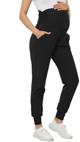 PARNIXS Pantalon de jogging de maternité pour femme - Pantalon de survêtement extensible pour entraînement, sport, salon, grossesse, yoga avec poches, Noir , M