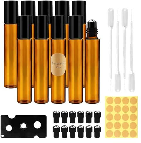 Quelcc Roll on glasflaskor för eterisk olja, 10 ml eterisk olja, rullglasflaskor, paket med 10 bruna oljeflaskor, tom rulle på flaska, för oljor, dofter, kosmetika, massage