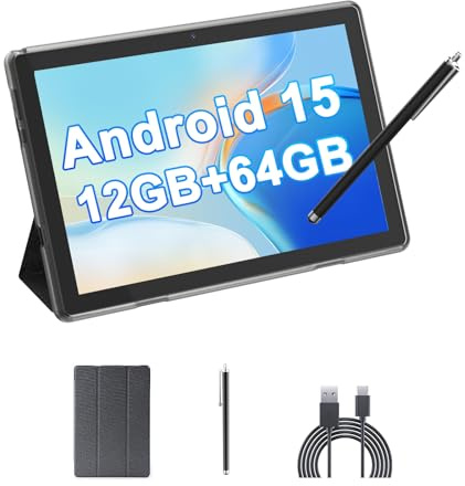 HOTTABLET Tablet 10-inch Android 15, RAM 12GB(4+8Expand) +ROM 64GB, 2+8MP Dual Camera, 6000mAh Battery (Tablet+case+Stylus)(Black)