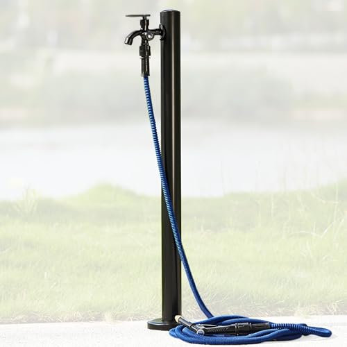 Rubinetto dell'acqua a colonna per esterni, per patio, terrazza, pavimento, fontana in piedi, con palo rotondo, nero, 95 cm di altezza, per decorazioni da giardino e cortile