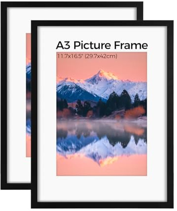 2 stycken bildramar A3 (29,7 x 42 cm) av trä, A3-ram, bildram DIN A3 med vit passepartout och akrylglas, affischram med passepartout, för väggmontering vertikalt eller horisontellt (svart)