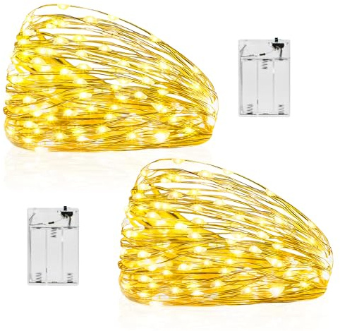 Hopexy 2Pack 5m 50LEDs Fairy Lights Battery Operated Lights Battery Powered | Micro Copper Wire Lighting String Light for Gift, Bottle, Wedding, Birthday, Party for Indoor/Outdoor Decorations Warm White