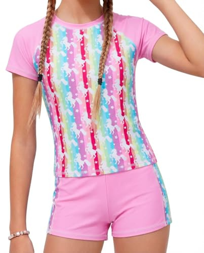 JiAmy Girls Swimming Costume Kids Two Piece Short Sleeve Swimsuit UV Sun Protection Swimwear Summer Beach Bathing Suit Pink Unicorn 7-8 Years