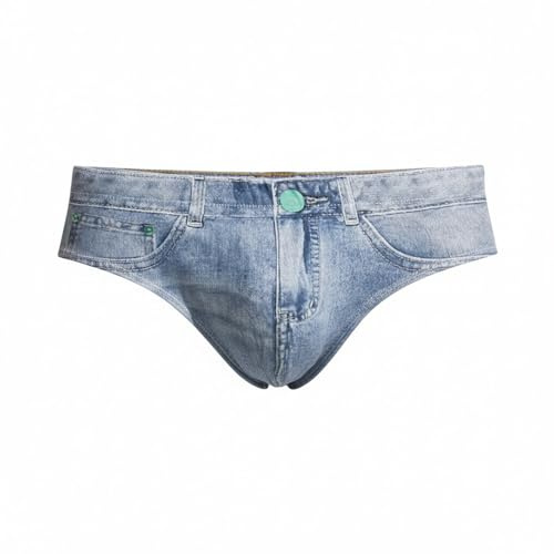 Kluantou Slips pour homme - Look jean - Sous-vêtements sexy - En denim - Ceinture imprimée - Bikini chaud - String léger - Été - Dos en T - Respirant - Taille basse - Mini short - Clubwear