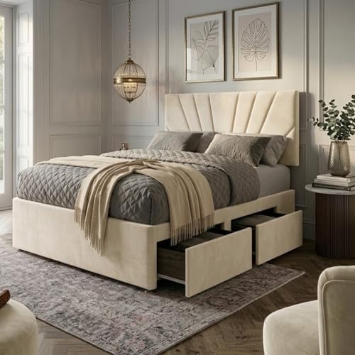 Single Bed Frame, Cream Plush Upholstered Bed with Sunrise Headboard (26), 2 Under-Bed Storage Drawers, Complete Bed Set with Memory Foam Spring Mattress