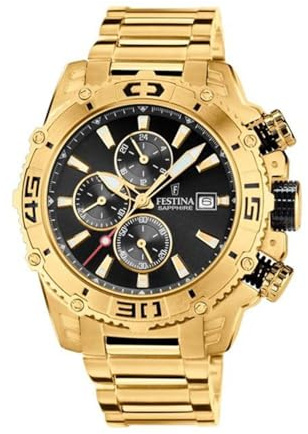 Festina Herren Uhr Analog aus Edelstahl 316L Goldfarben - Quarzwerk - Chronograph - Kalender - Mineralglas mit hoher Widerstandsfähigkeit - Wasserdicht bis 10 ATM F20492/4 Prestige