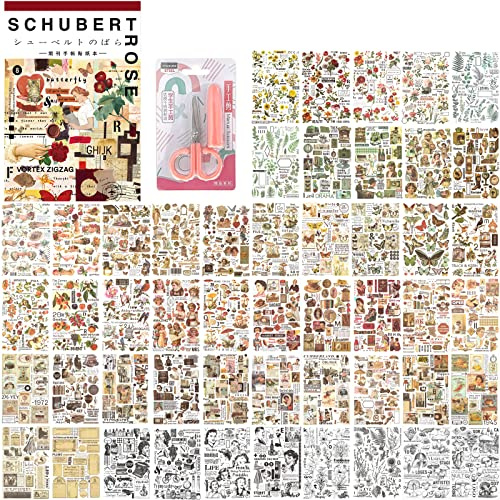 50 Sheets Vintage Washi Stickers Set for Journaling, ToyaJeco Rose Mushroom Fruits Plants Retro Things Adhesive Stickers, Decorative DIY Decor for Scrapbooking Journal Planner Album (Retro Color)