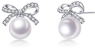 PHNIBIRD Orecchini Perle in Argento Sterling 925 con Anallergico Carino e Dolce Orecchini a Fiocco Zirconia Brillante Regalo per Figlia e Nipote