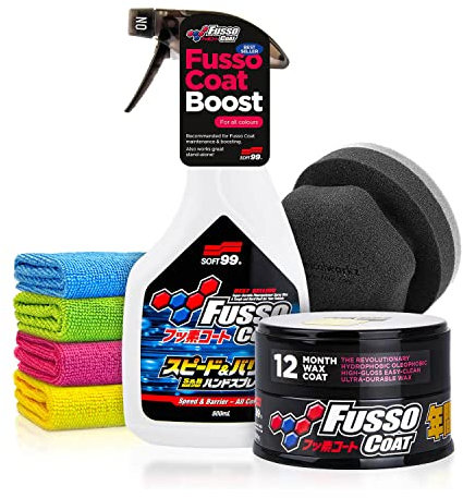 Auto Wachs Versiegelung Set: Soft99 Fusso Coat Dark 12 Months Wax + Speed + Barrier Quick Detailer - Auto Hartwachs mit Schutz & Glanz-Finish für schwarze & dunkle Lacke - Lackversiegelung | 8-teilig