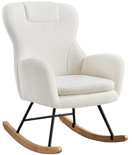 Yaheetech Rocking Chair for Adults, Boucle Nursing Chair with Metal Legs and Wood Base for Living Room, Bedroom and Balcony, Ivory