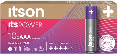 ITSON, AAA batterie alcaline, confezione da 10, per orologi, torce, telecomandi, confezione senza plastica, LR03IPO/10CB