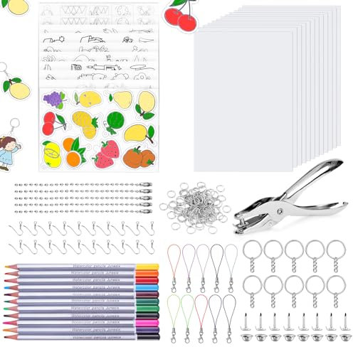 POFIBO Schrumpffolie Set, 188 Teilig DIY Schrumpffolie zum Bemalen, Inklusive Schlüsselanhänger Bleistifte Locher für Kinder (10 Blatt Blanko Schrumpffolie+10 Blatt Gemusterte Schrumpffolie)