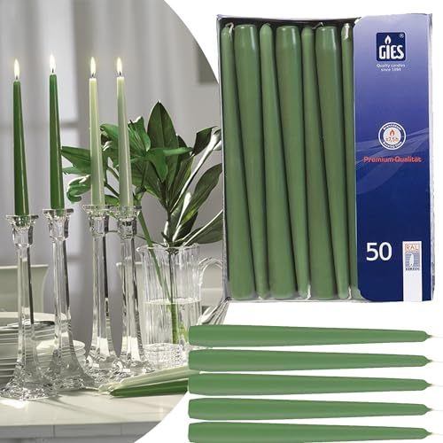 Gies 50er Packung Spitzkerzen Grün/Salbei 2,35 x 24,5cm | Tafelkerzen Stabkerzen Set | Kerze Brenndauer 7 Stunden - Stearin- Anteil | Gastronomie