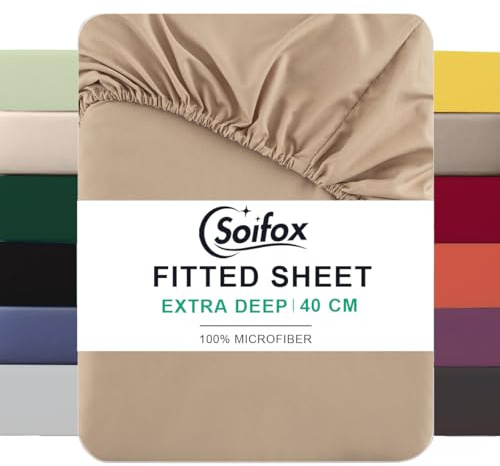 Soifox Sábana bajera ajustable tamaño King, color beige arena, sábanas con bolsillo extra profundo de 40 cm, sábana inferior de microfibra suave para cama de matrimonio, 150 x 200 cm