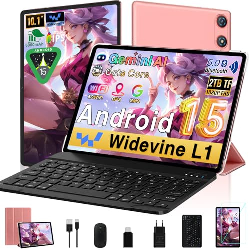 2026 Tablette Android Tablette 10 Pouces, 128 Go ROM + 2 To TF Extensible, Octa-Core 2.0 GHz, Gemini AI, GMS Certification, 5GWiFi, 5MP + 8MP, Bluetooth 5.0, Type-C, Cast, Clavier et Souris - Rose