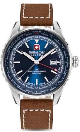 Swiss Military Hanowa Afterburn GMT herrklocka med läderarmband eller metallband med datum och safirglas, Blått läderband, 44 mm, Modern