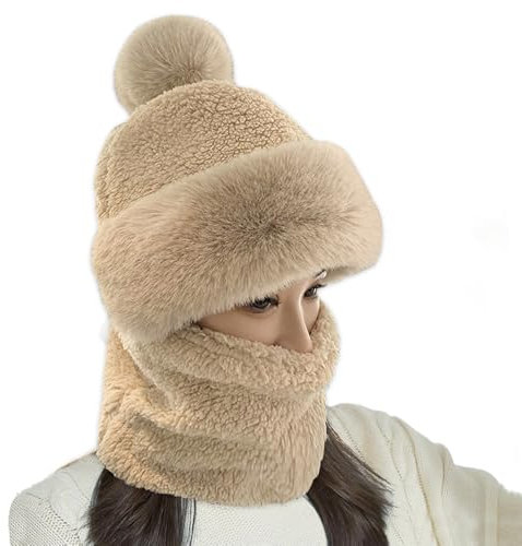 Udbrud Wintermütze Damen, 2 in 1 Wintermütze Strickmütze Frauen Flanell Schalmütze Winddicht Hut Schal Warme Weichem Gefüttert für Outdoor für Damen Winddichte Mütze Kälteschutz Skimütze