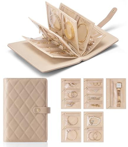 Vlando Custodia organizer da viaggio per gioielli, raccoglitore ad anelli con cerniera trasparente, sacchetto in velluto per viaggi, anelli, collane, orecchini, bracciali, spille, caramello