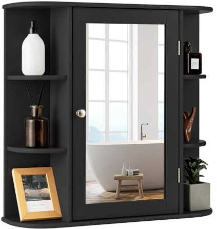 Multigot Bathroom Mirror Cabinet, Wall-Mounted Storage Cupboard with Adjustable Shelves, Single Door Organizer Unit for Living Room and Bedroom (Black, 65 x 17 x 64 cm)