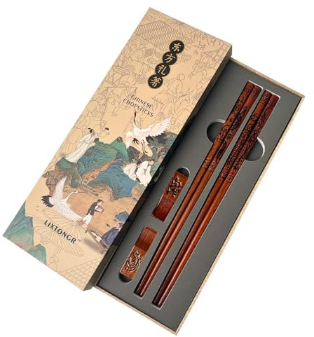 2 Pairs Reusable Wooden Chopsticks Set - Hand-Carved Dragon & Phoenix Design Food-Safe Non-Toxic Japanese Korean Chopsticks with Non-Slip Grip Asian Gift for Family Friends (9 Inch)