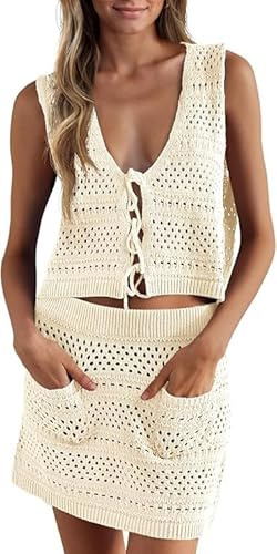 Saodimallsu Costume da Bagno da Donna Bikini Cover Up Set 2 Pezzi Costume da Bagno Uncinetto Senza Maniche Crop Top Gonna a Maglia Uncinetto Abbigliamento da Spiaggia Vestito da Spiaggia Uncinetto