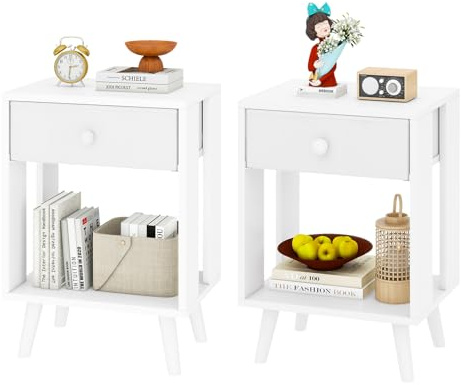 YMYNY Mesita de Noche, Juego de 2, Mesa Auxiliar, Mesilla de Noche, Cajón de Tela, Compartimento Abierto, Estilo Moderno, Struttura Semplice, para Dormitorio, Salón, Blanco HST012W-2