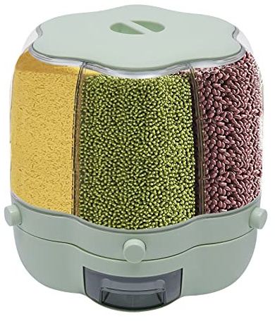 Tyvotrend Korndispenser, 6-i-1 riskornsdispenser, förvaringsburkar müsli-förvaringslåda, 360° vridbar förseglad rund rivdispenser, livsmedelsdispenser för bönor, korn, grön (stor 8 kg)