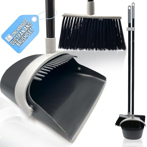 Long Handled Dustpan and Brush Set with Built-In Teeth Comb - Indoor Broom and Dustpan Set for Sweeping Brush Indoor 180° Swivel Dust Pan (Black and Grey)