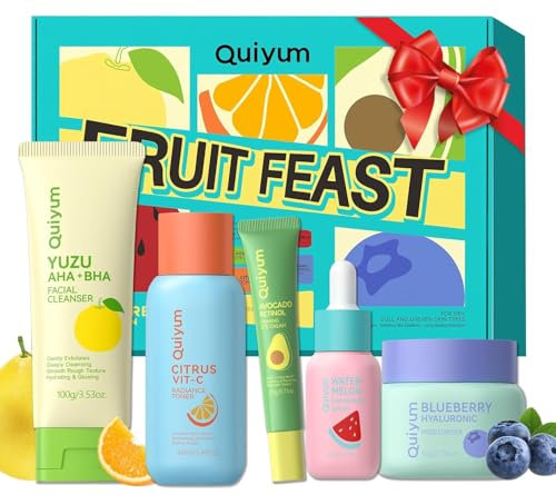 Quiyum Fruit Skincare Set, Face Care Kit for All Skin with Cleanser, Toner, Serum, Eye Cream & Moisturiser, Hydrating, Pore Refining & Radiance Boosting, Travel Pamper Gifts for Women Teenage Girls