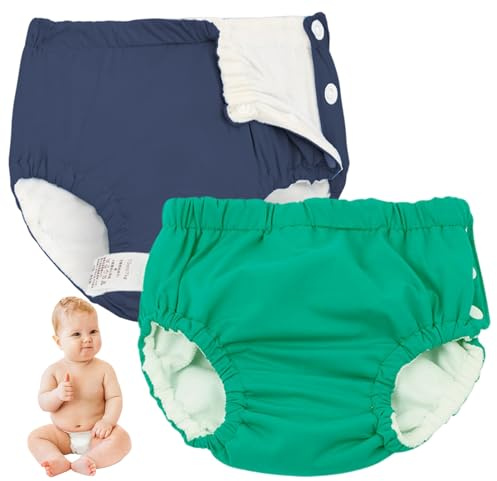 Återanvändbar simblöja, simblöja för småbarn, 2 delar, återanvändbara, ventilerande, tvättbara unisex – baby simbyxor för simlektioner, grön + marinblå