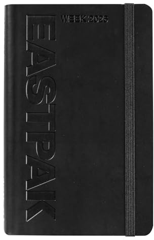 EASTPAK Agenda 2026 officiel Eastpak, agenda hebdomadaire 12 mois, planificateur hebdomadaire avec 192 pages, élastique, poche de transport, signet, calendrier 2026 et 2027, format 9 x 14 cm, noir