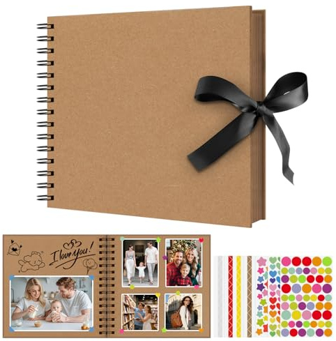 Flintronic 8ich Álbum De Fotos Scrapbook, Álbum de Recortes Espiral para Pegar y Escribir, DIY Scrapbooking para Boda Aniversario Bebé y Regalo de Cumpleaños (Marrón 40 Hojas)