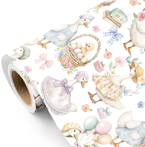 RUSPEPA Papel de Envolver en Rollo para Pascua con Ganso Divertido - 43,2cm x 5m - Papel de Envolver con Diseño de Flores Acuarela, Huevos, Moños y Gansos Divertidos, Perfecto para Pascua, Primavera