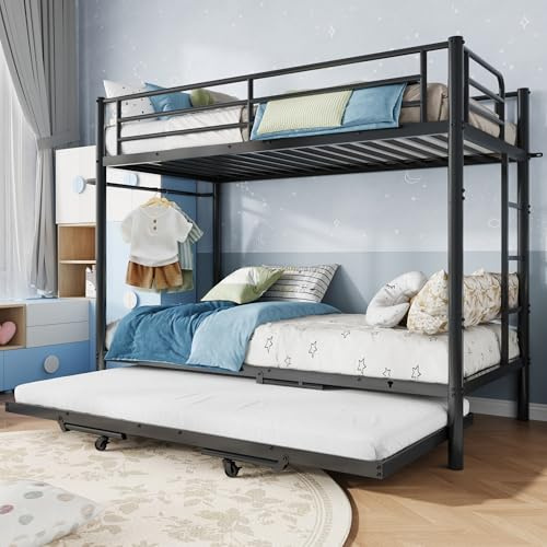 Jocoevol Triple Bunk Bed with Trundle, Twin Over Twin Bunk Bed for 3 Sleepers, Heavy-Duty Metal Frame with Full-Length Guardrail and Ladders, Family-Friendly Space-Saving Bed for Kids & Twin, Black