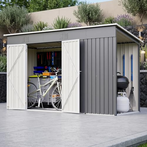 Caseta de Jardín Metálica 3,11x1,23x1,81m con Doble Puerta Cerrable – Caseta Exterior Resistente a la Intemperie para Herramientas, Bicicletas, Cortacésped – Armario Exterior Impermeable 5m² Gris