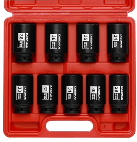 CASOMAN large socket set 1/2- Inch Drive Deep Spindle Axle Nut Impact Socket Set, 6 Point, CR-MO, Metric, 29mm-38mm, 9-Piece 1/2 Dr. Deep Impact Socket Set