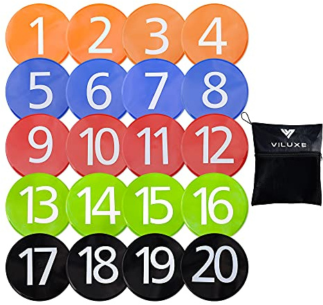 VILUXE Speed & Agility Training Lot de 20 grands marqueurs plats numérotés Multicolore avec poignée antidérapante en PVC Diamètre 20 cm Sac de transport Équipement de sport pour football, boxe et