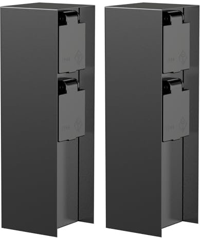 ledscom.de 2 Stück Garten Steckdosensäule POMI für außen, IP44, 2-Fach, Edelstahl, schwarz, eckig, 23 cm