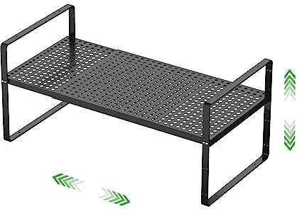 SOFRON Expandable Cabinet Organizer Shelf - Adjustable Width (16.5”-27.1”), Stackable, Heavy Duty 80 lbs, for Kitchen Pantry, Countertop, Office, Spice Rack - Black, Large Size, 1 Pack