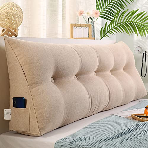 Raktov Dreieckiges Kopfteilkissen mit abnehmbarem Bezug, Polster mit Holzrücken, dreieckiges Lesekissen, einfarbiges Keil-Kopfteilkissen für Bett, Sofa, Schlafzimmer, 180 x 50 x 20 cm, Beige