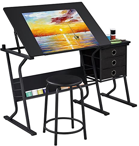 Yaheetech Table à Dessin Inclinable avec Tabouret et 3 Tiroirs Plateau Réglable 0° à 40° Bureau pour Dessinateur Architecte Peintre Ingénieur, Moderne, Noir