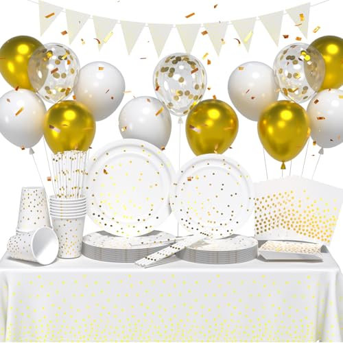 Party Tableware Set, Black White Pink Blue Rose Gold Paper Plates Napkins and Cups Set with Balloons for Brithday Baby Shower, Wedding, Anniversary, Christmas Party Supplie (White Gold)