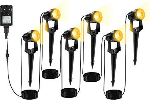 Herrselsam LED Gartenbeleuchtung, 6er Set Gartenleuchte mit Erdspieß, Warmweiß Scheinwerfer Gartenlampe Wegbeleuchtung, IP65 Wasserdicht LED Gartenstrahler mit Stecker
