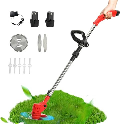 Cordless Strimmer, 12V Cordless Grass Trimmer, Electric Garden Strimmer with 2 Batteries and 8 Blades, Telescopic Grass Strimmer Cordless with Anti-slip Handle, Lightweight Battery Powered (Red)