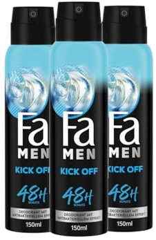 Fa Men deodorant & bodyspray Kick Off (3 x 150 ml), deodorantspray med aktiverande fräsch doft, deodorant utan aluminium för upp till 48 h deodorantskydd, lämnar inga deodorantrester