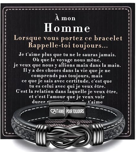 YADOCA Bracelet Homme en Cuir Noir Cadeau Anniversaire Mari Copain Saint Valentin Cadeau Noel Homme