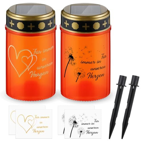 Nezyo 2 Piezas Velas Solares para Cementerio con Estaca Lámpara Conmemorativa Resistente al Agua Lámparas para Tumba con 4 Pegatinas Velas Eléctricas y LED(Rojo,Diente de León y Corazón)