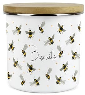 Purely Home Scattered Bees Small Biscuits Storage Canister - Bumblebee Print Kitchen Décor Gifts - 1.2L White Metal Enamel Food Storage Container