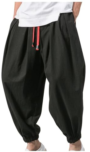 Grüne Leinen Haremshose Herren Japanisch Baggy Weites Bein Freizeithose Lässig Bequeme Leinenhose Casual Yoga Hippies Hose Lockere Leicht Pluderhose Elastischer Bund Sommerhose Pants mit Taschen S M